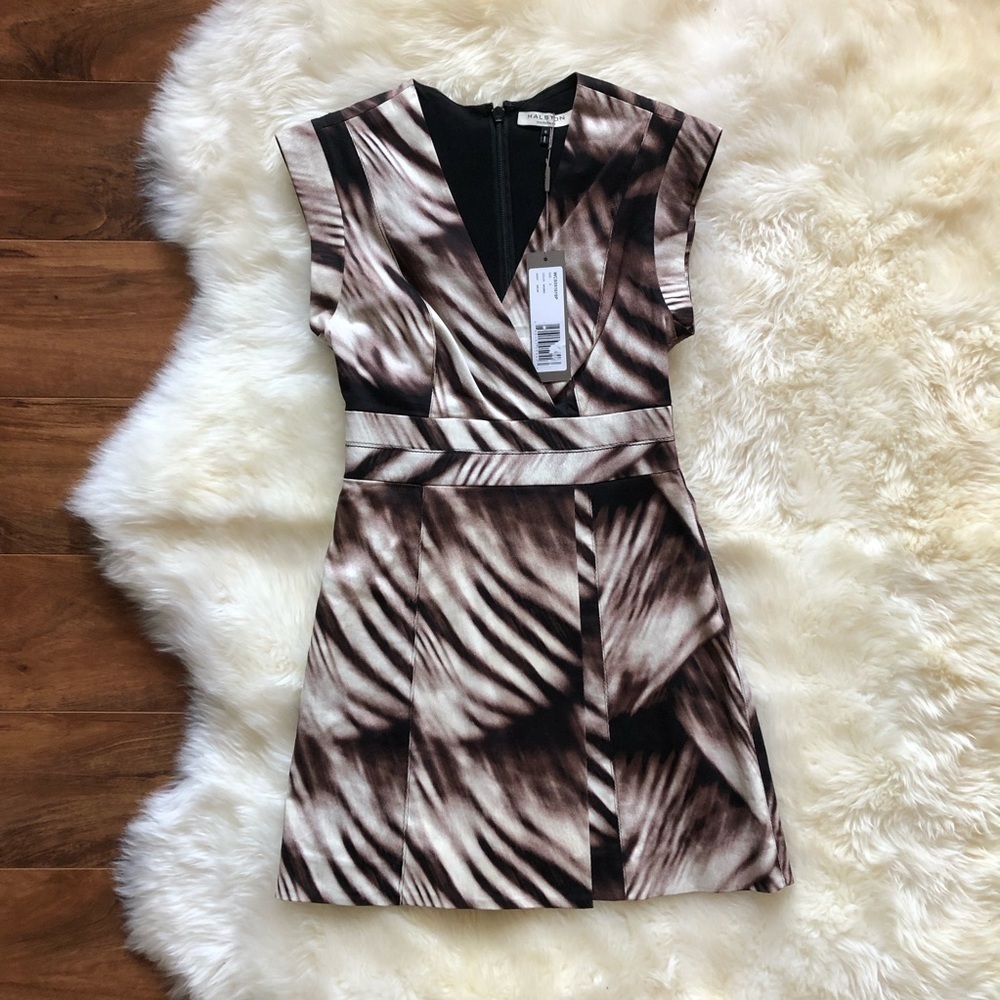 Halston Heritage Faux Wrap Print Fit & Flare Dress